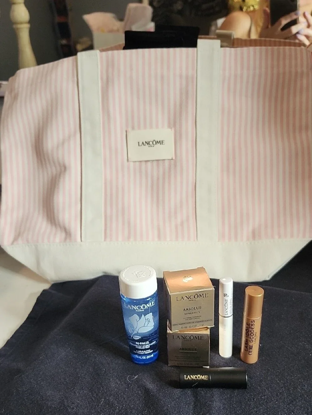 Lancome Pink Stripe Cosmetic Travel Tote with Beauty Essentials